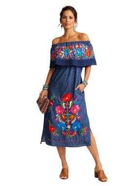 VTG Embroidered Off-Shoulder Boho Mexican Southwest Denim Dress Womens L or G
